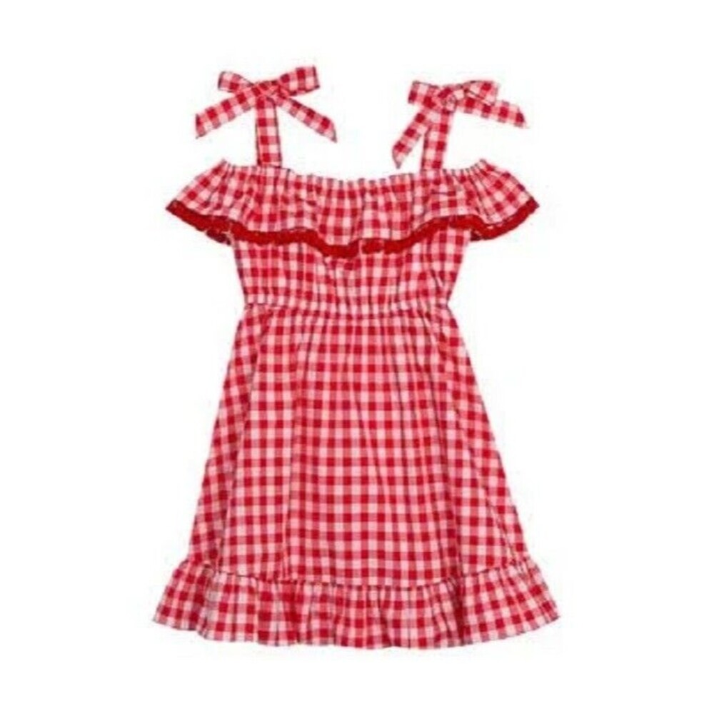 Rare Editions Little Girls Dress Gingham Ruffle Dress Off The Shoulder Red 6X